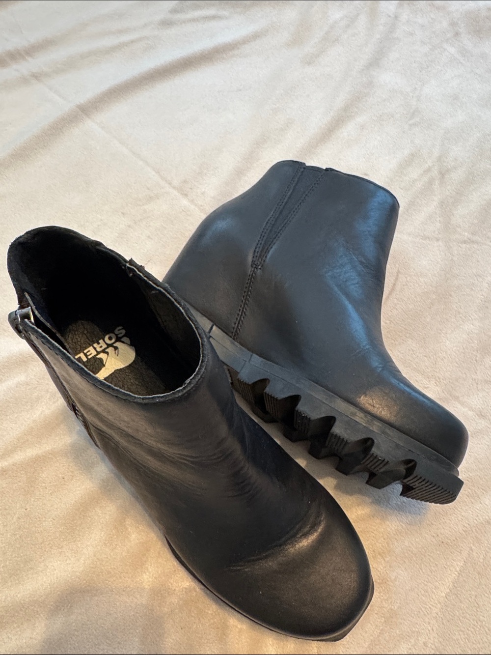 Sorel Black Lug-Sole Wedge Ankle Boots